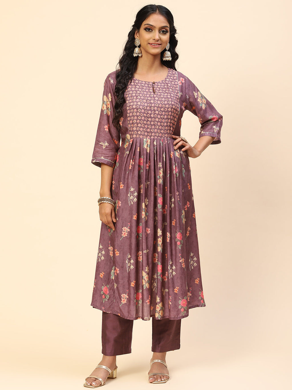 Floral Printed Embroidered Cotton Kurta With Pants