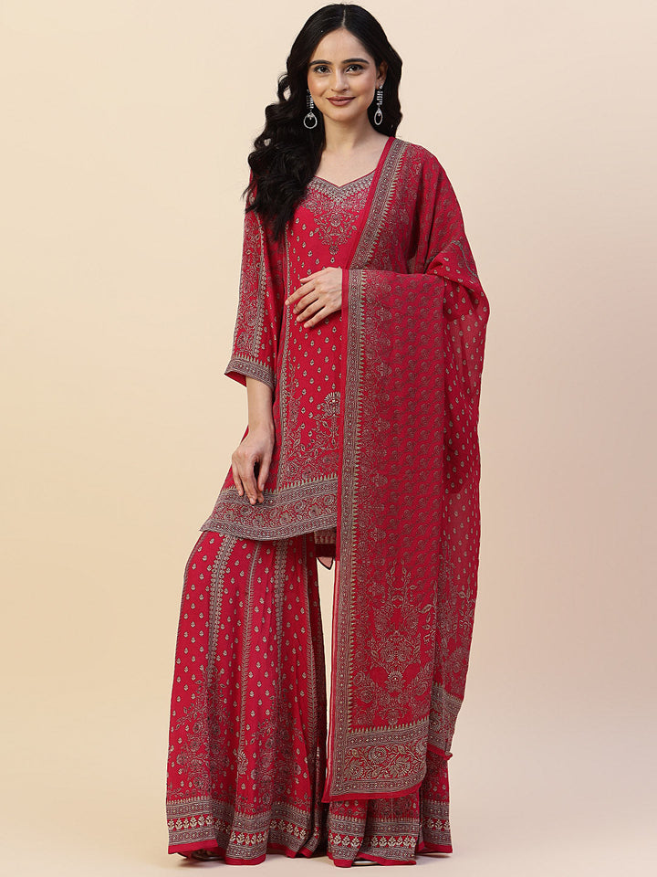 Digital Printed Crepe Kurti With Sharara &amp; Dupatta