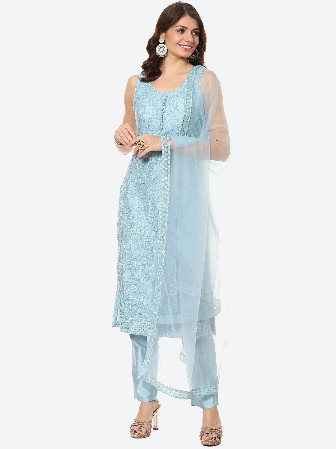 Embroidered Net Stitched Salwar Kameez With Net Dupatta
