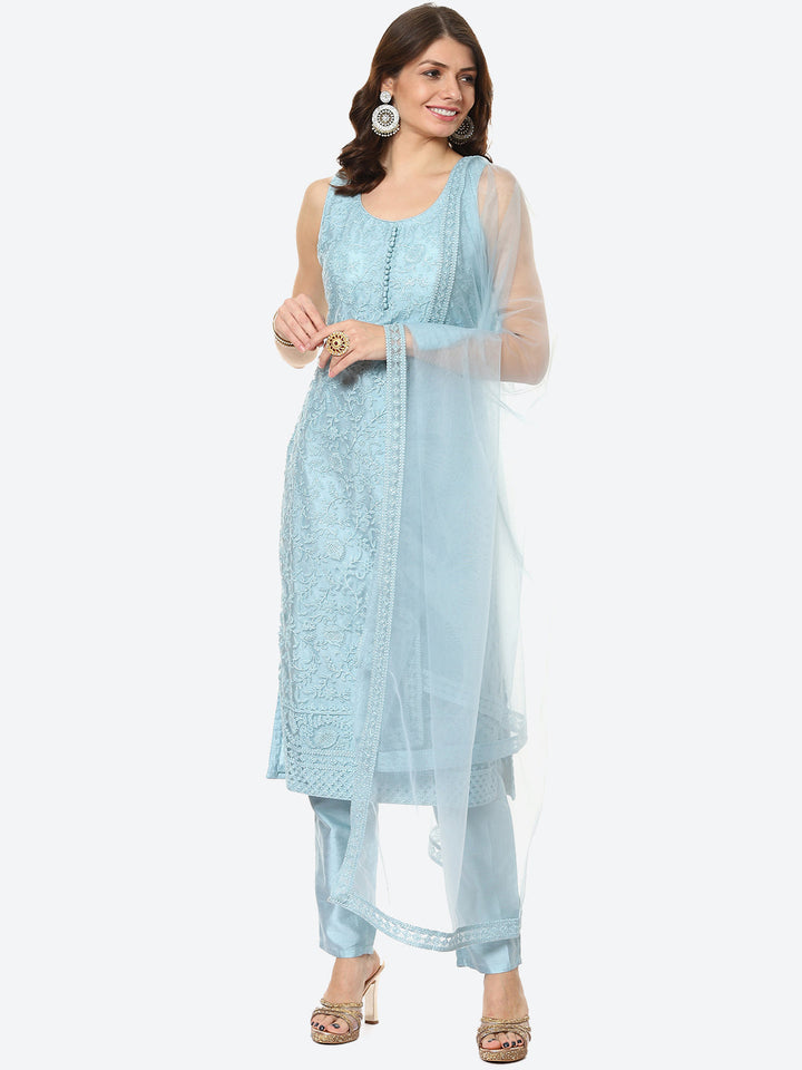 Embroidered Net Stitched Salwar Kameez With Net Dupatta