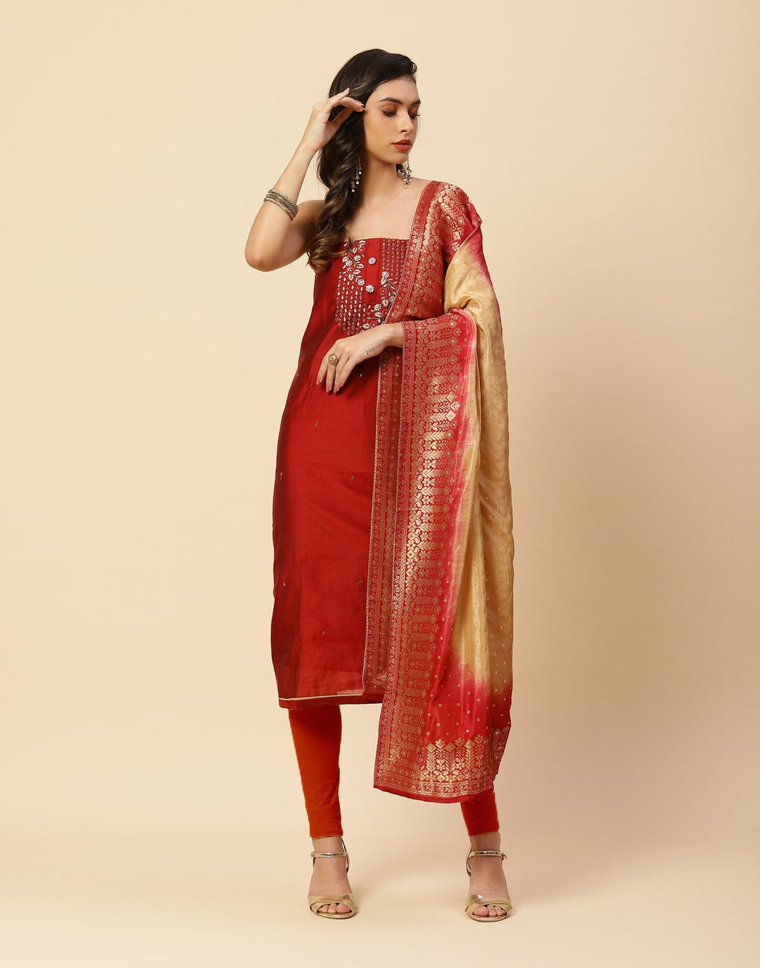 Embroidered Chanderi Suit Piece With Banarasi Dupatta