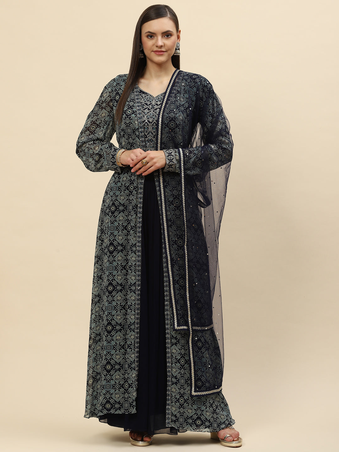 Digital Printed Crop Top Sharara With Dupatta &amp; Jacket