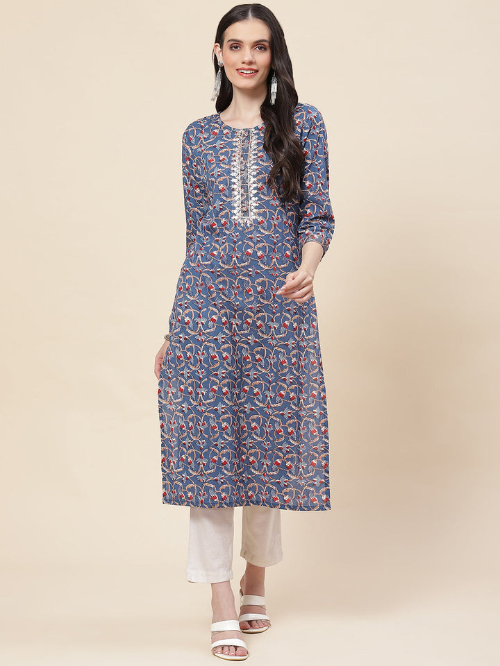 Printed &amp; Neck Embroidered Cotton Kurta