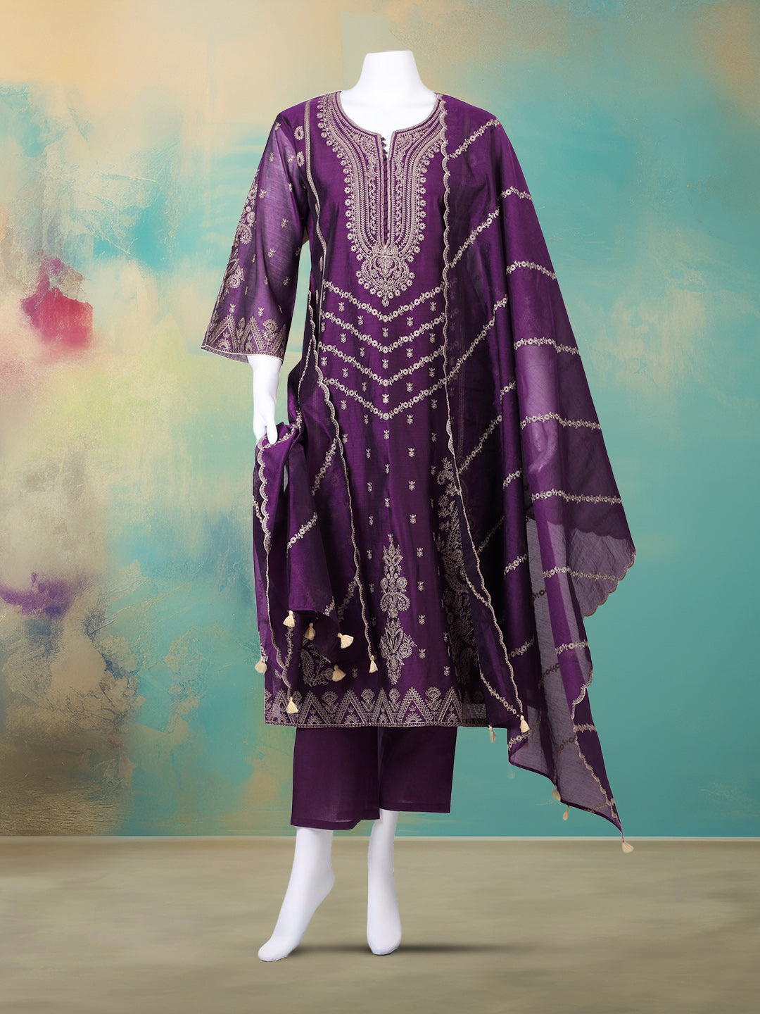Embroidered Chanderi Kurta With Pant &amp; Dupatta