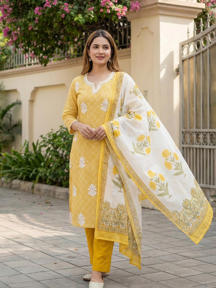 Yellow Cotton Blend Printed Straight Suit Set