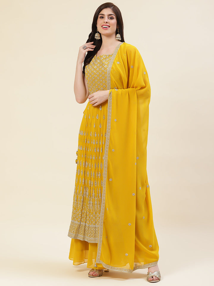 Sequin Embroidered Georgette Kurta With Palazzo &amp; Dupatta