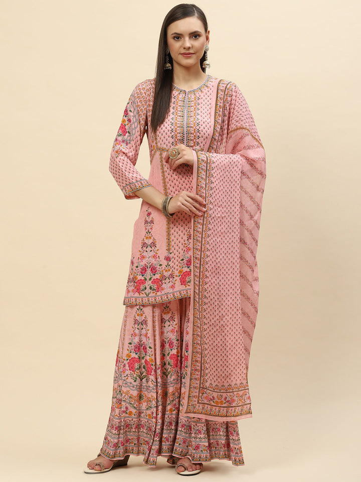 Floral Digital Printed Crepe Kurta With Sharara &amp; Net Dupatta