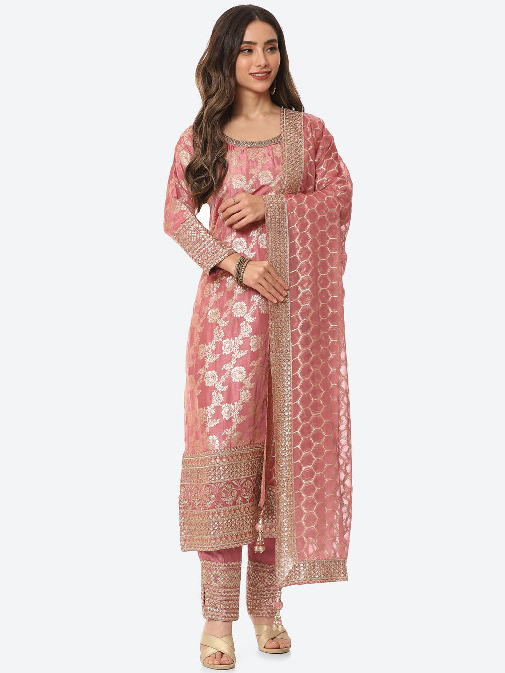 Floral Zari Jaal Handloom Kurta With Pants & Dupatta
