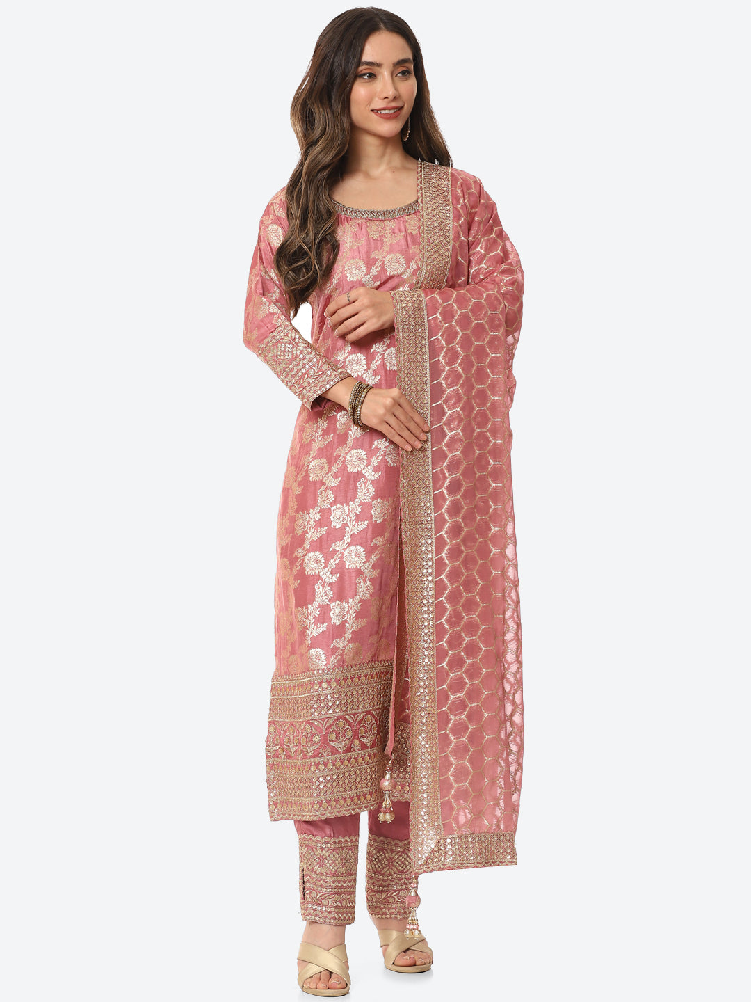 Floral Zari Jaal Handloom Kurta With Pants & Dupatta