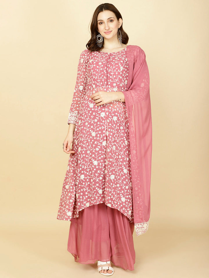 Resham Embroidery Georgette Kurta With Sharara &amp; Dupatta