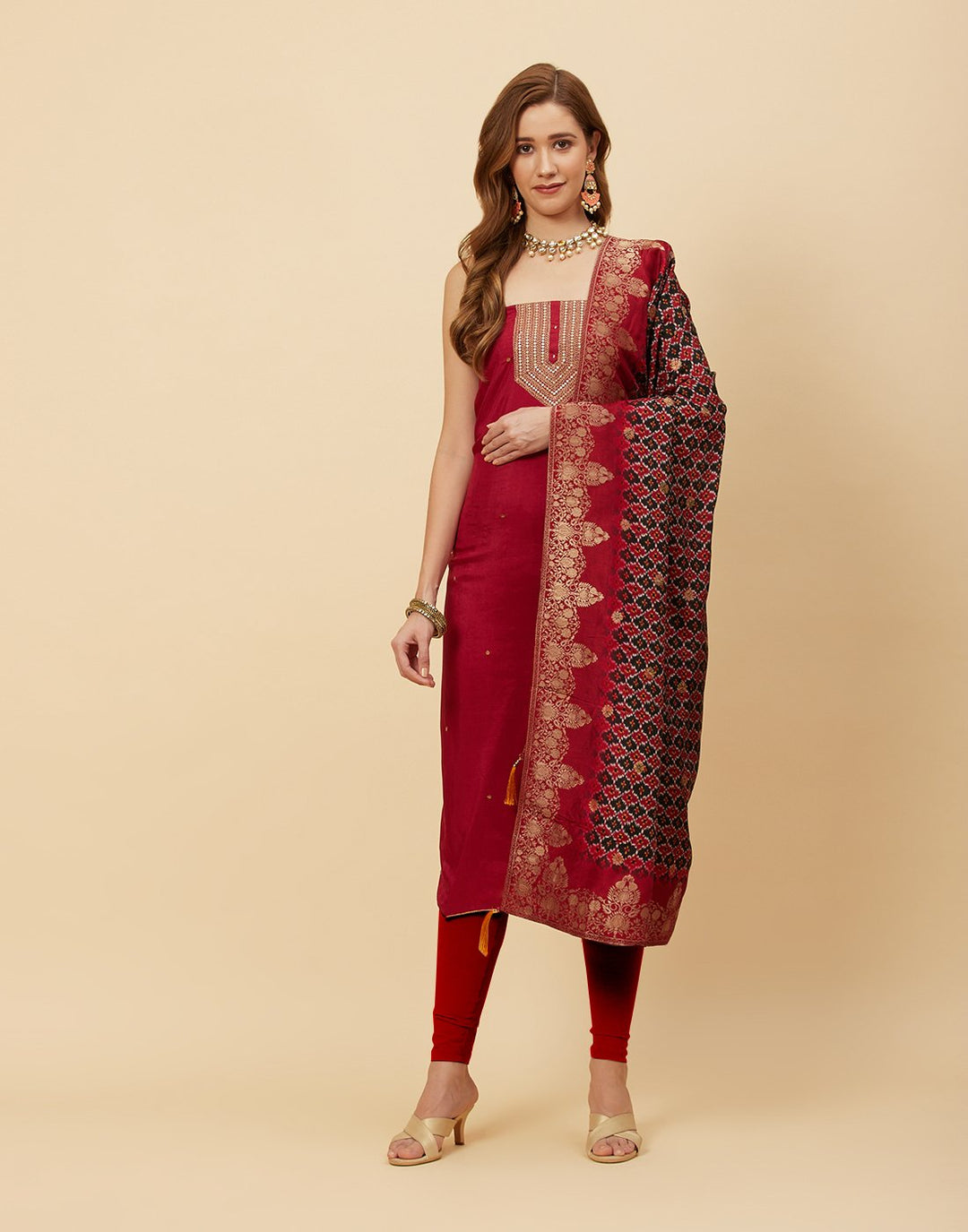 Embroidered Art Handloom Dupion Suit Piece With Printed Dupatta
