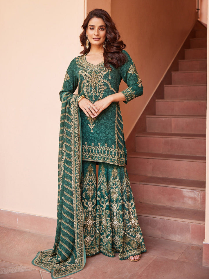 Digital Printed Crepe Kurta With Sharara &amp; Georgette Dupatta