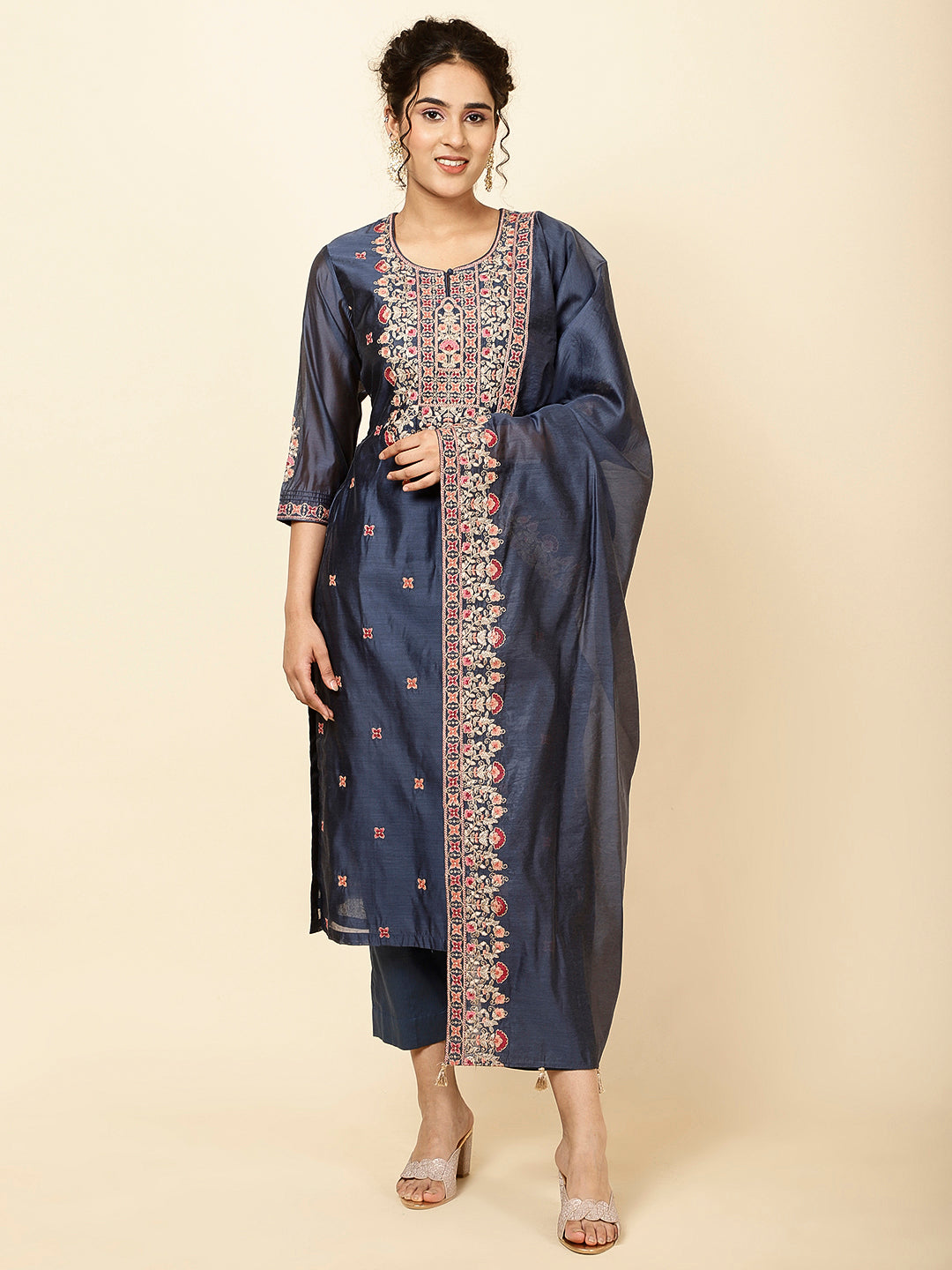 Neck Embroidered Chanderi Kurta With Pants &amp; Dupatta