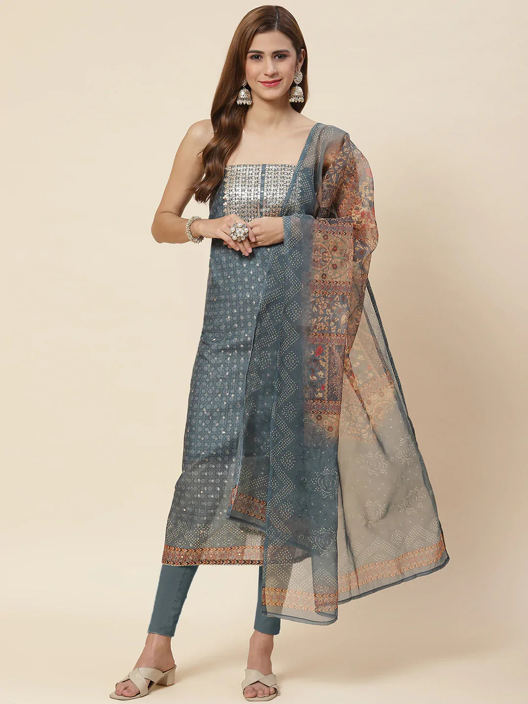 Neck Embroidered &amp; Printed Chanderi Unstitched Suit Piece With Dupatta