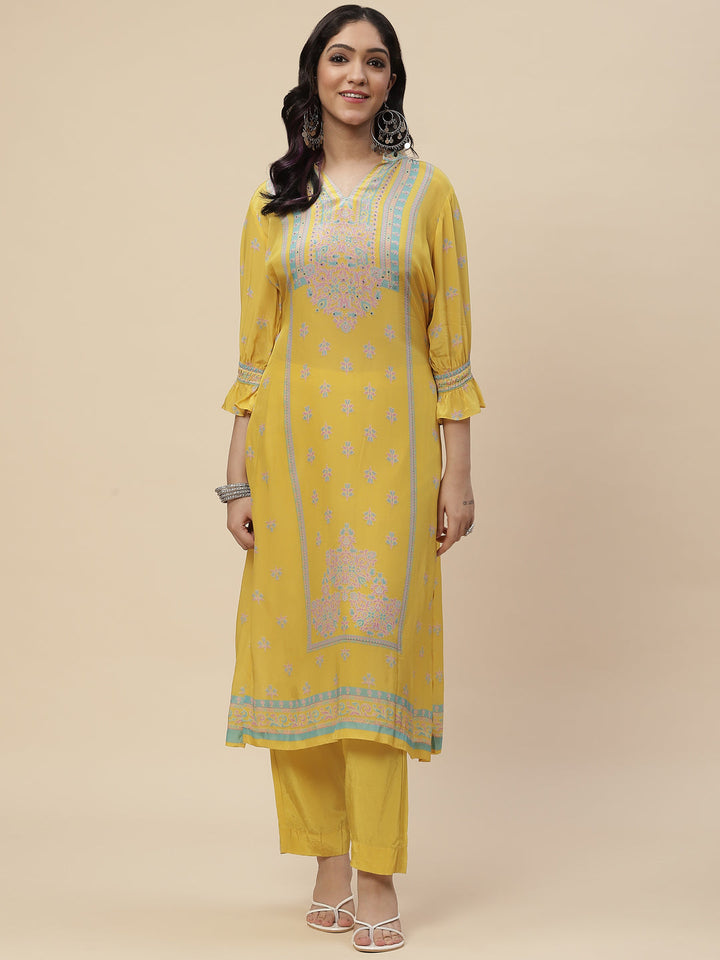 Sequin Printed Crepe Kurta With Pants