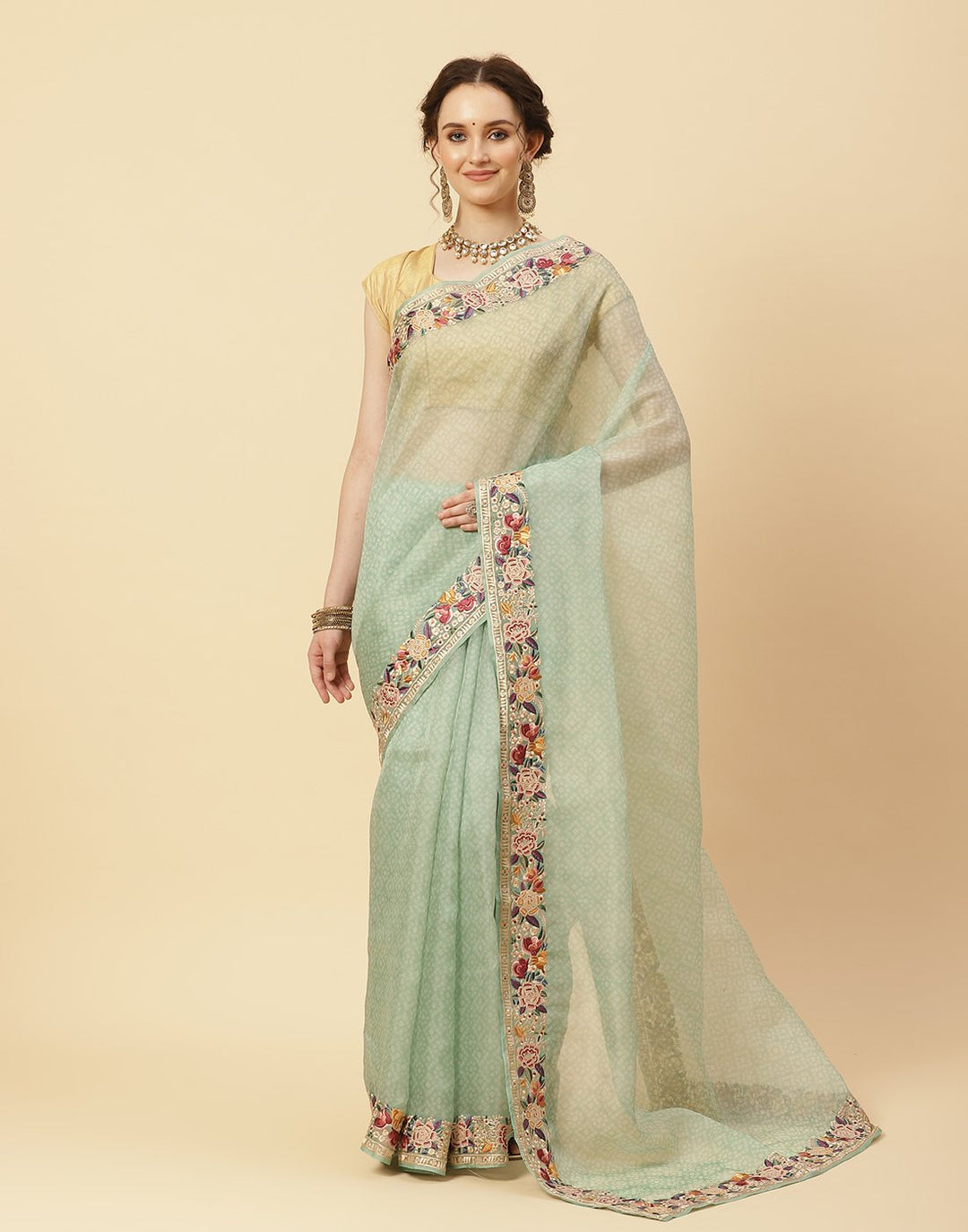 Printed Organza Kora Saree With Embroidered Border