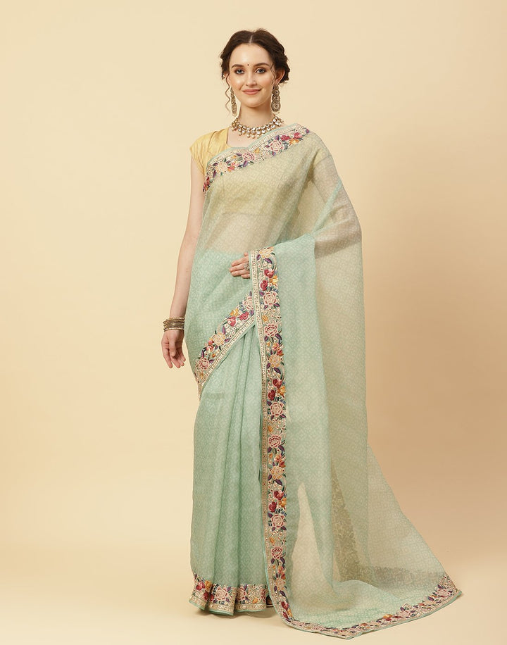 Printed Organza Kora Saree With Embroidered Border