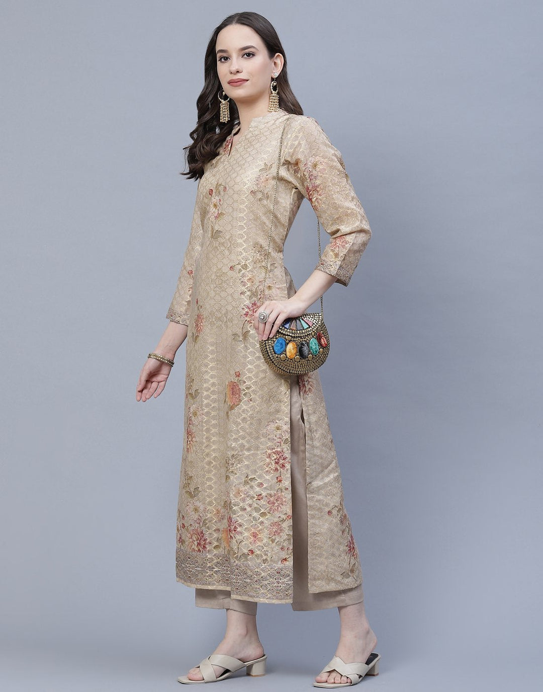 Chanderi Floral Printed Kurti Pant Set