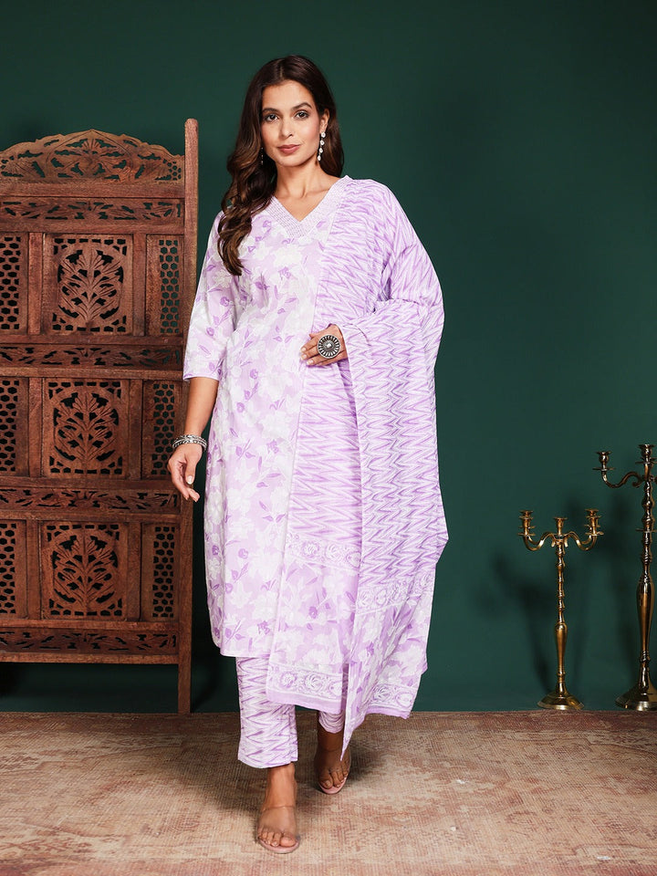 Printed Cotton Blend Kurta With Pant &amp; Dupatta