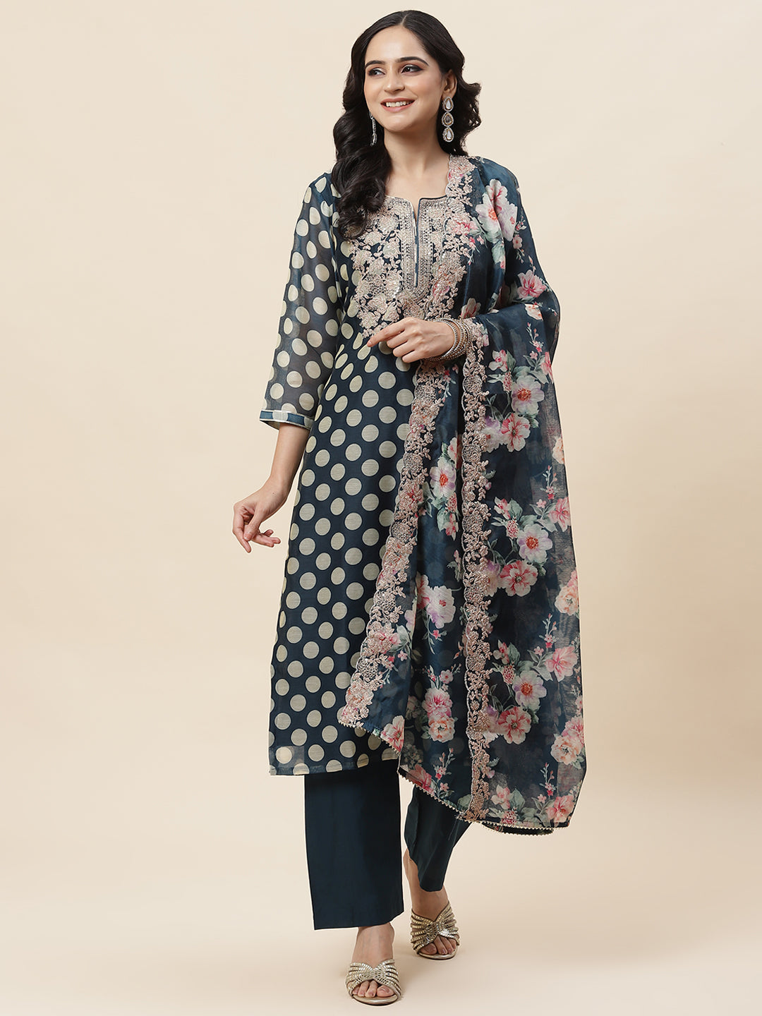 Polka Dot Printed Chanderi Kurta With Pants &amp; Dupatta
