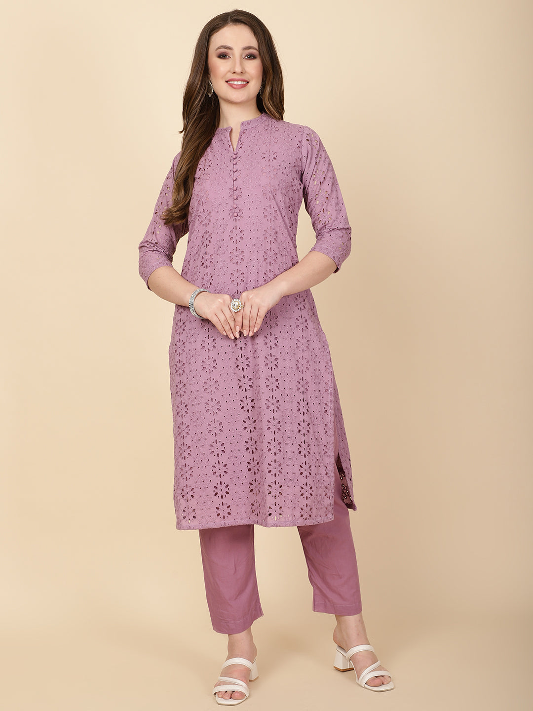 Schiffli Embroidery Cotton kurta With Pants