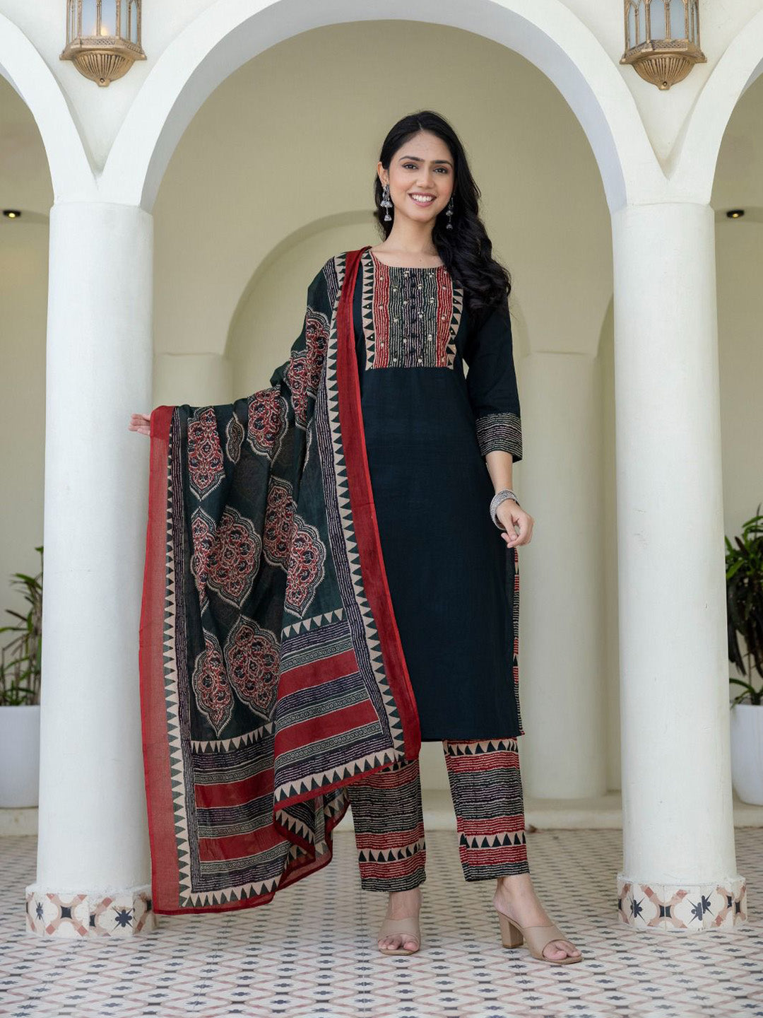 Printed Cotton Blend Kurta With Pant &amp; Dupatta