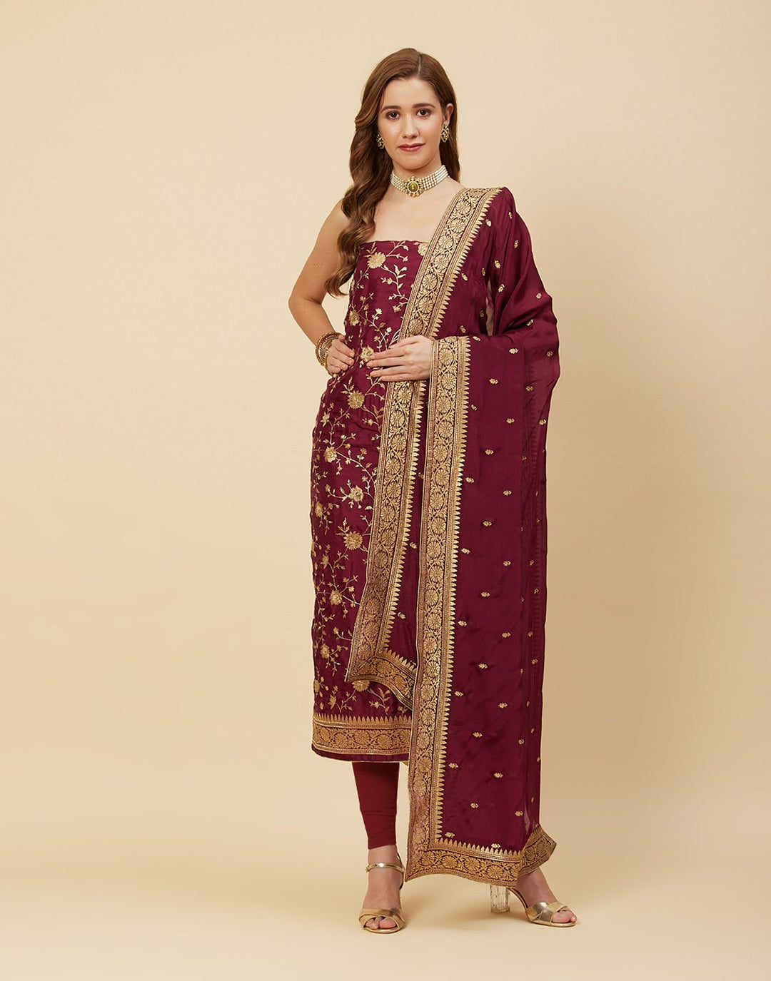 Embroidered Art Handloom Dupion Suit Piece With Chinon Embroidered Dupatta