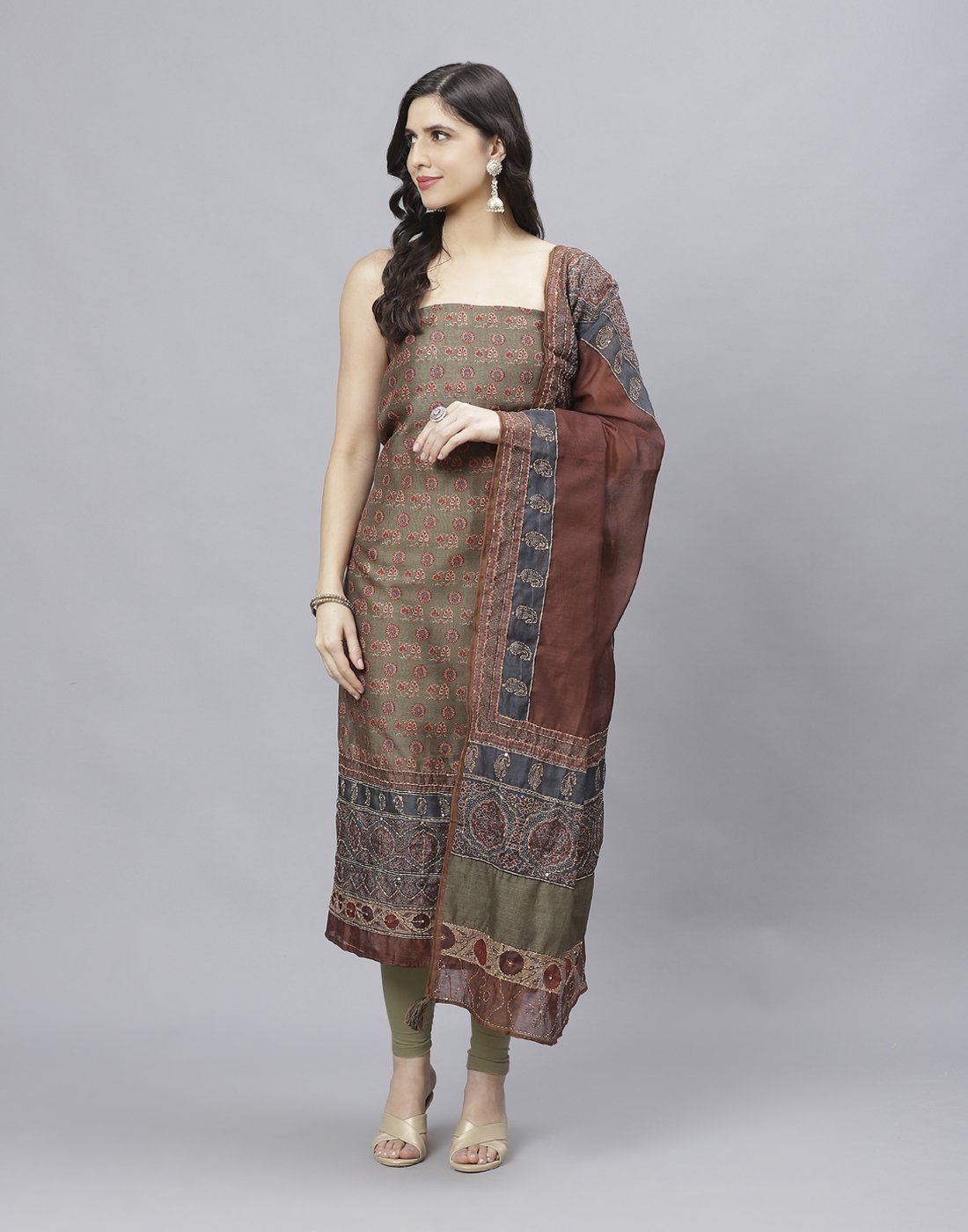Printed Chanderi Suit Piece With Embroidered Chanderi Dupatta