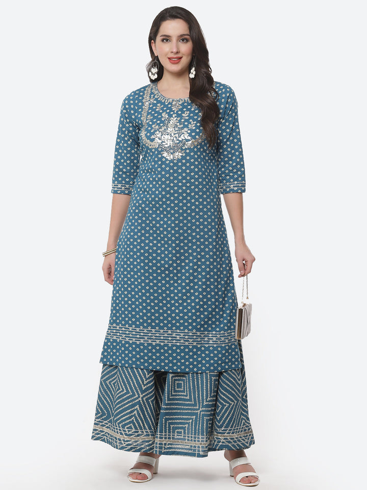 Printed Gota Work Cotton Kurti With Bandhani Printed Skirt