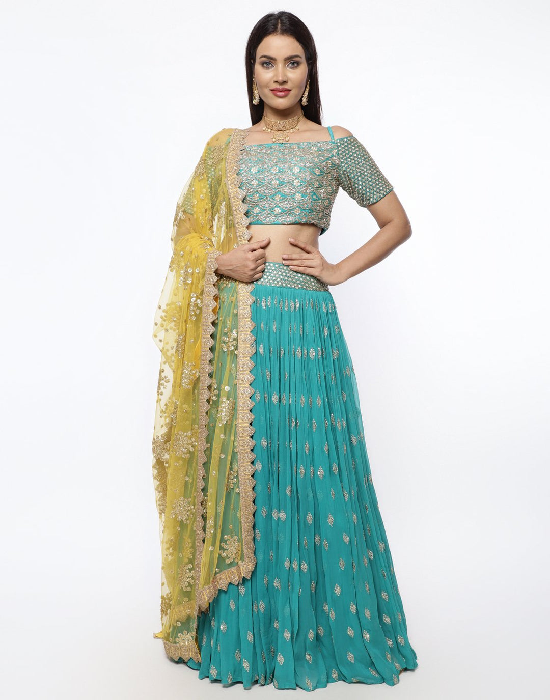 MBZ Meena Bazaar-Elegant Rani Georgette Stitched Lehenga with Net Mustard Dupatta