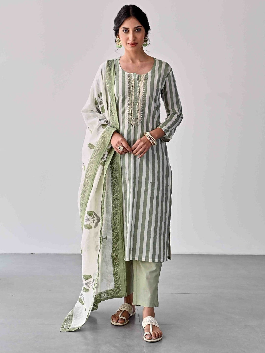 Printed Cotton Kurta With Pants &amp; Dupatta