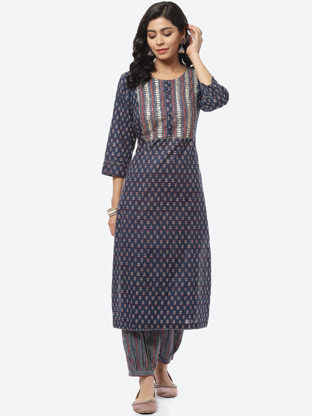 Printed Gota Work Cotton Kurti With Pant