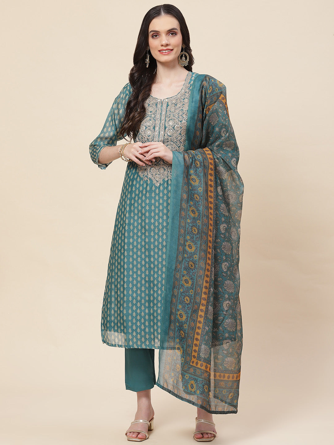 Printed &amp; Neck Embroidered Chanderi Kurta With Pants &amp; Dupatta