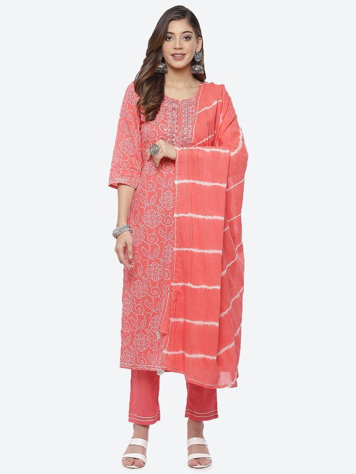 Resham Mirror Booti Cotton Kurta With Pant &amp; Chinone Dupatta