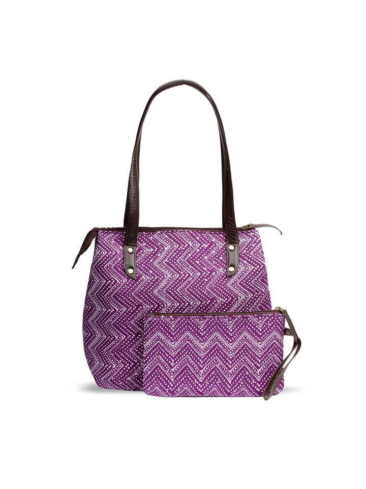 Purple Printed Cotton Handbag With Pouch