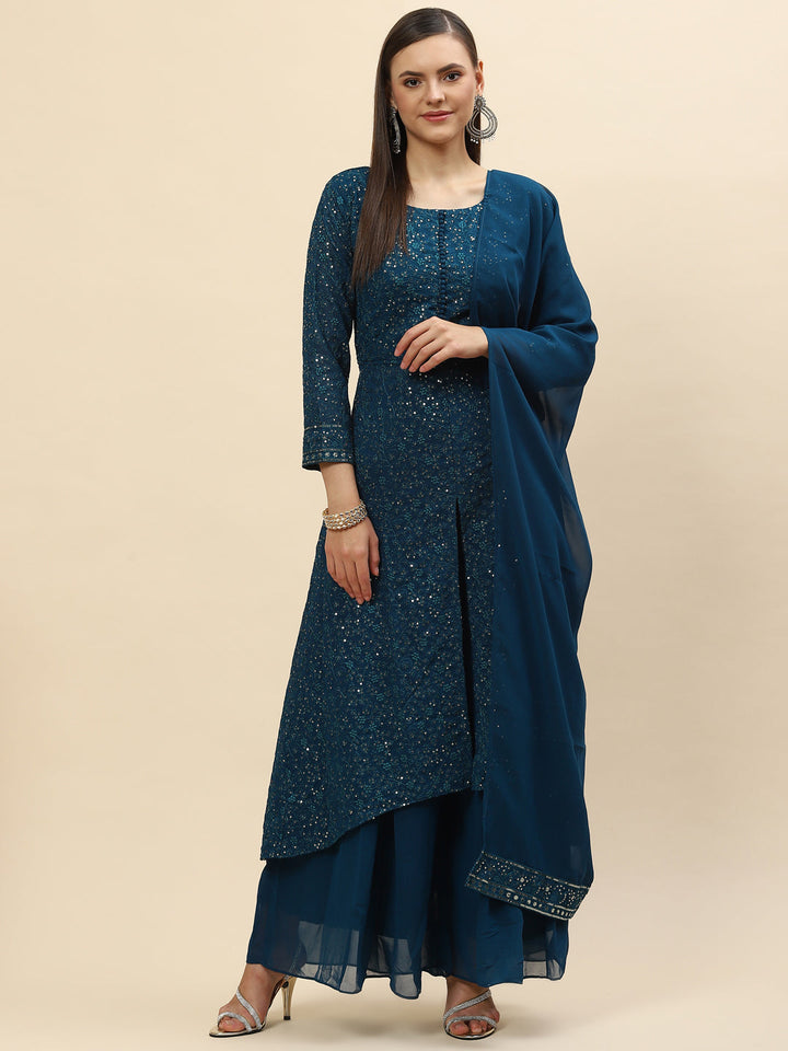 Sequin Embroidered Georgette Kurta With Palazzo &amp; Dupatta