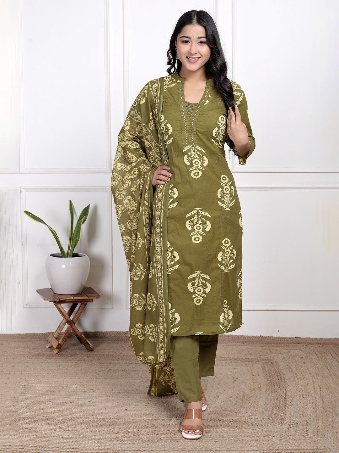 Printed Cotton Blend Kurta With Pant &amp; Dupatta