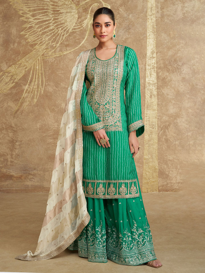 Embroidered Chinon Suit With Plazzo &amp; Dupatta