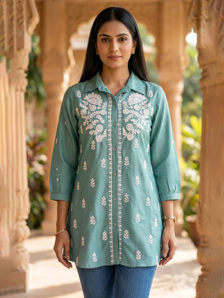 Sky Blue Embroidered Cotton Blend Straight Kurta