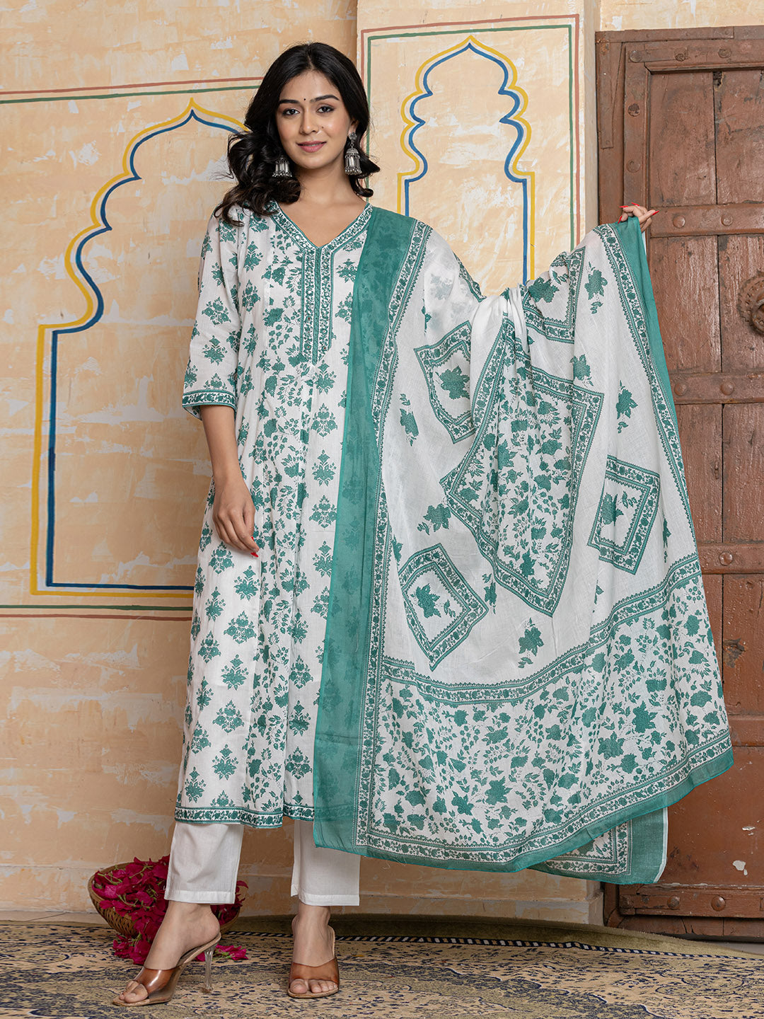 Printed Cotton Blend Kurta With Pants &amp; Dupatta