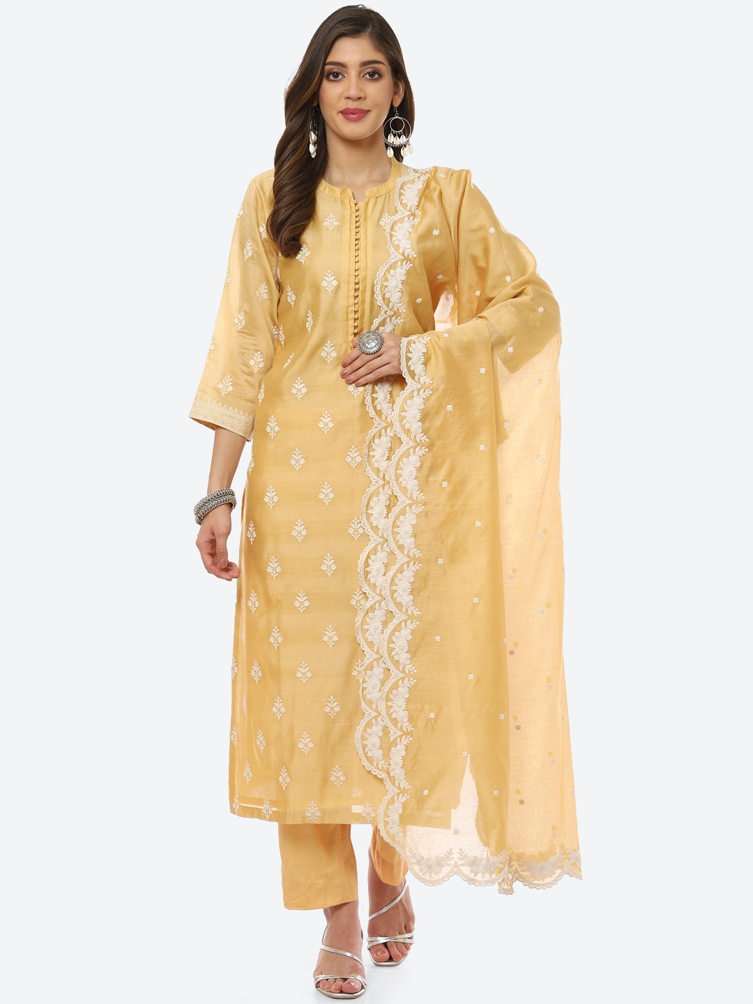 Resham Booti Cotton Kurta With Pant &amp; Dupatta