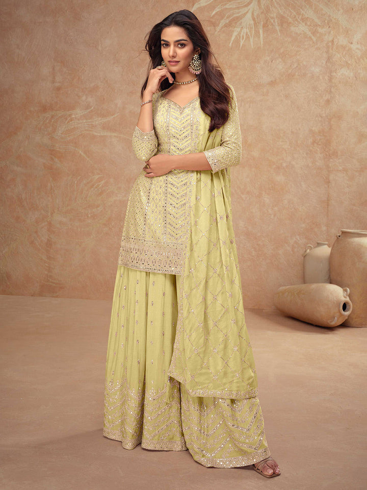 Embroidered Chinon Kurti With Sharara &amp; Dupatta