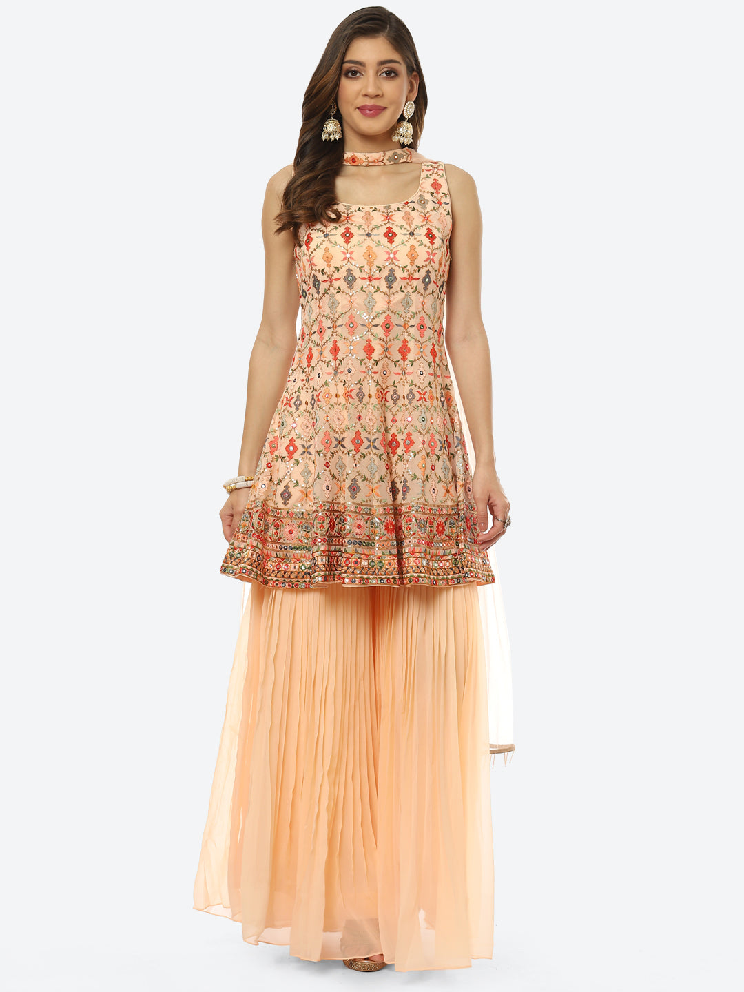 Resham Sequin Embroidered Georgette kurti With Garara &amp; Dupatta