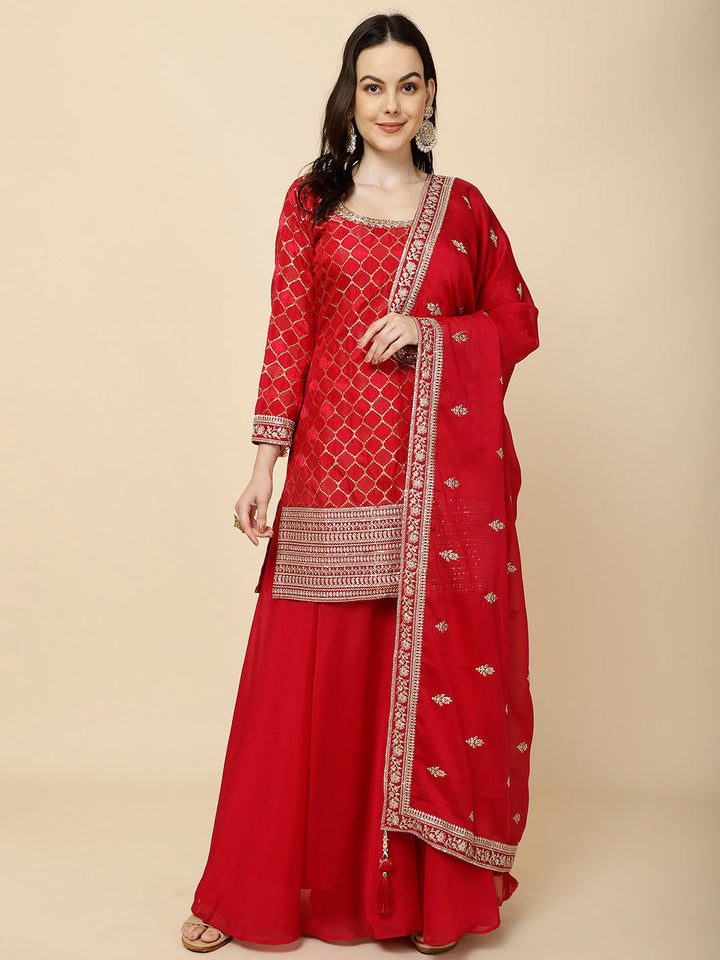 Zari Jaal Embroidery Handloom Suit Set With Dupatta &amp; Palazzo