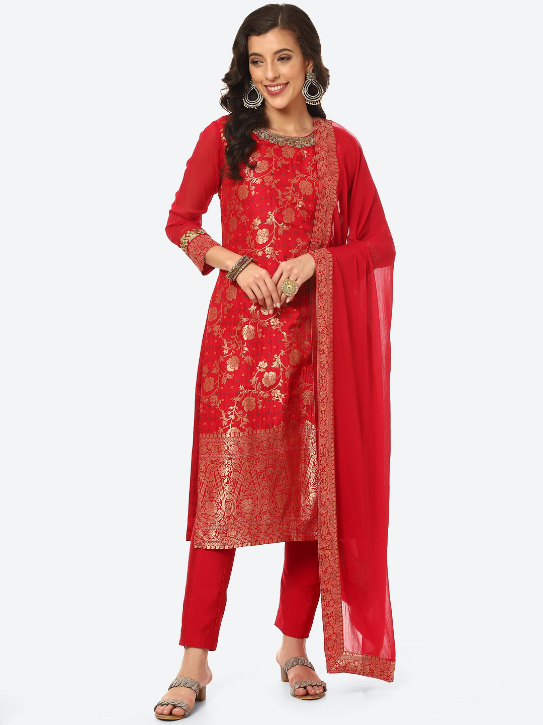 Floral Zari Zaal Banarsi Brocade Kurta With Pant &amp; Dupatta