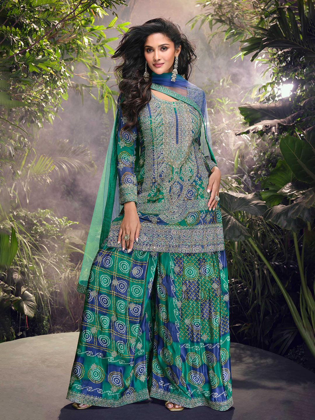 Embroidered Chinon Suit With Pant &amp; Dupatta