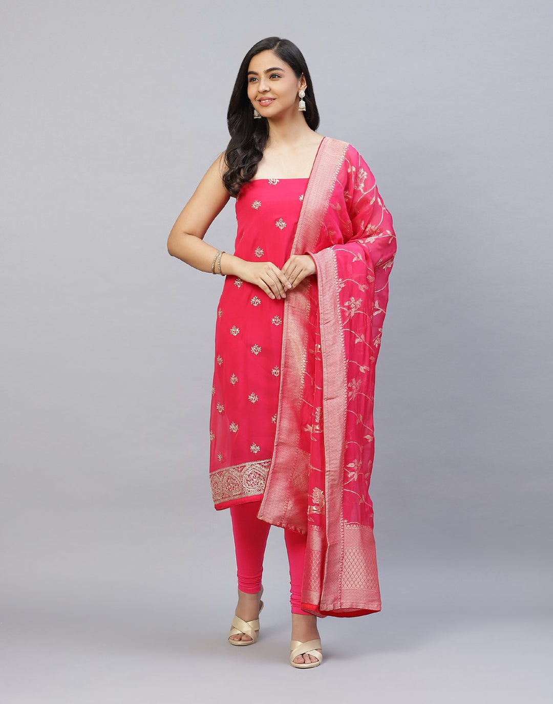 Embroidered Georgette Suit Piece With Banarasi Dupatta