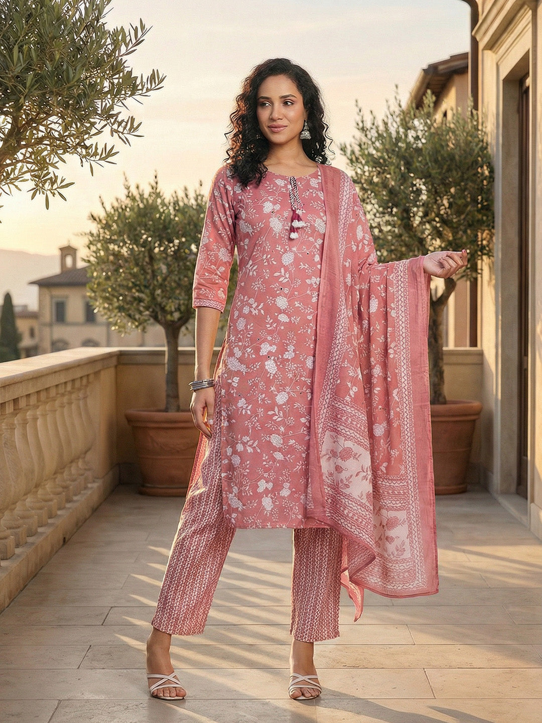 Printed Cotton Blend Kurta With Pant &amp; Dupatta