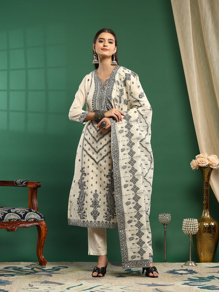 Printed Cotton Blend Kurta With Pant &amp; Dupatta