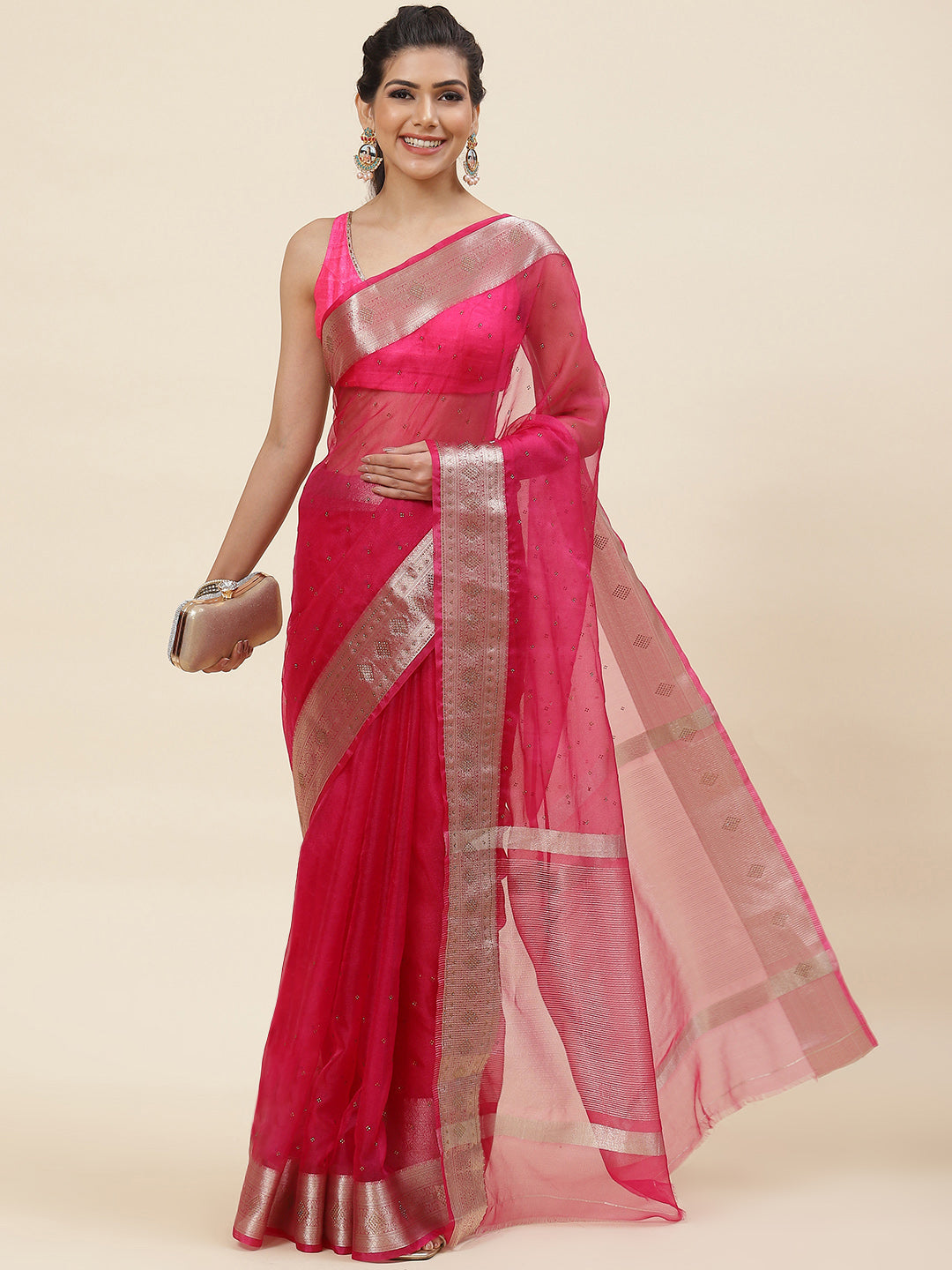Stone Work Plain Organza Saree